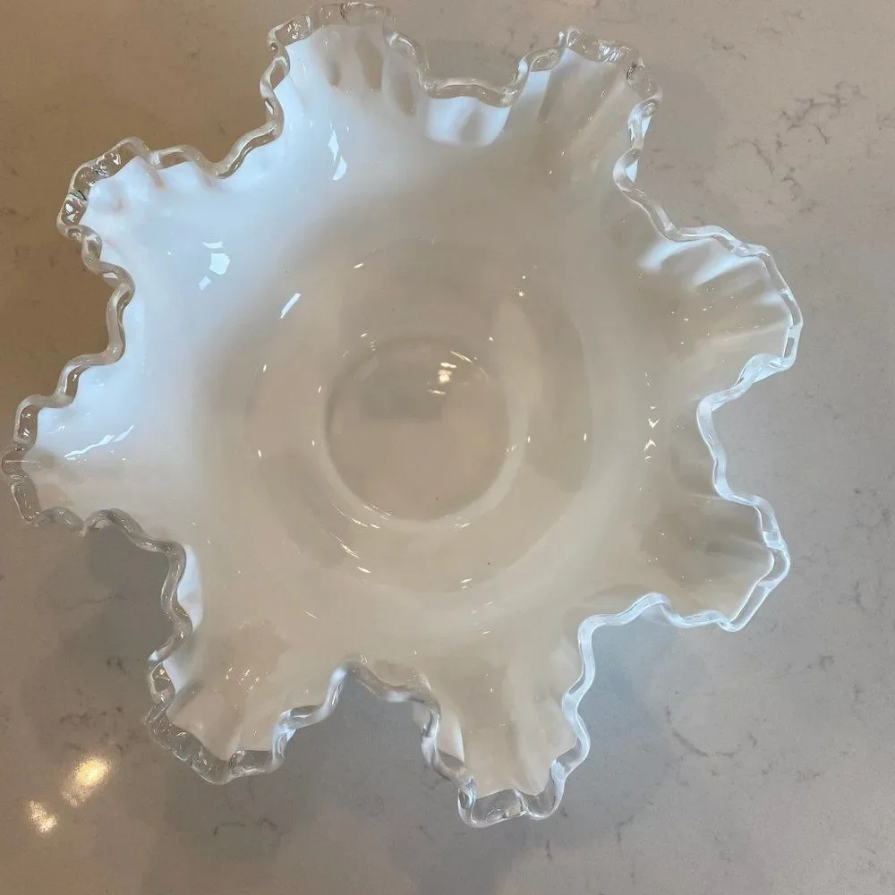 Vintage 1950s Fenton White Milk Glass Bon Bon Dish Silver Crest Double Crimp Rim